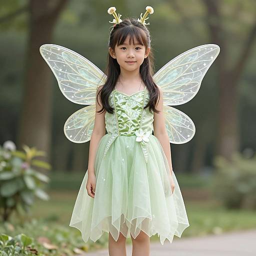 Photograph of an Asian girl with long black hair, wearing a light green fairy dress and transparent butterfly wings, standing in a forest.