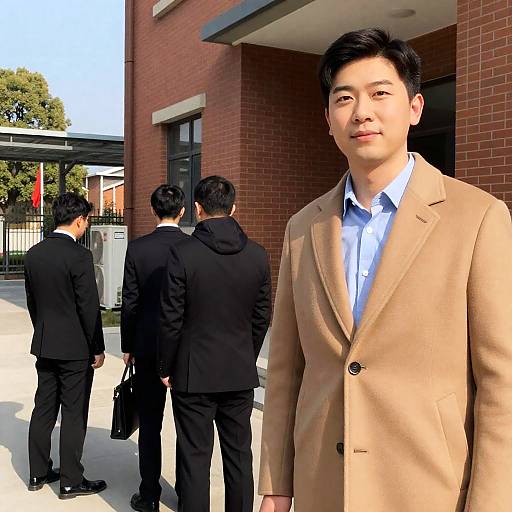 Men in Suits Outside Brick Building