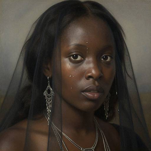 Photograph of a dark-skinned woman with shiny, glistening skin, wearing long black veil, intricate silver earrings, and multiple necklaces, g