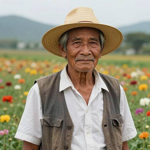 Photograph of an elderly Asian man with tan skin, gray mustache, wearing a straw hat, white shirt, and gray vest, standing in a