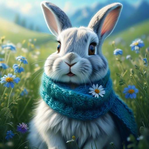 Fluffy Rabbit in Blue Scarf Close-Up