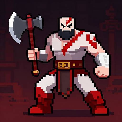 Pixel art of a muscular, bald warrior with a black beard, red and white armor, holding a large axe, standing in a dark, medieval castle