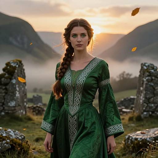 Photograph of a young woman with a long braid, wearing a green dress with white Celtic patterns, standing in a misty, ruined stone landscape