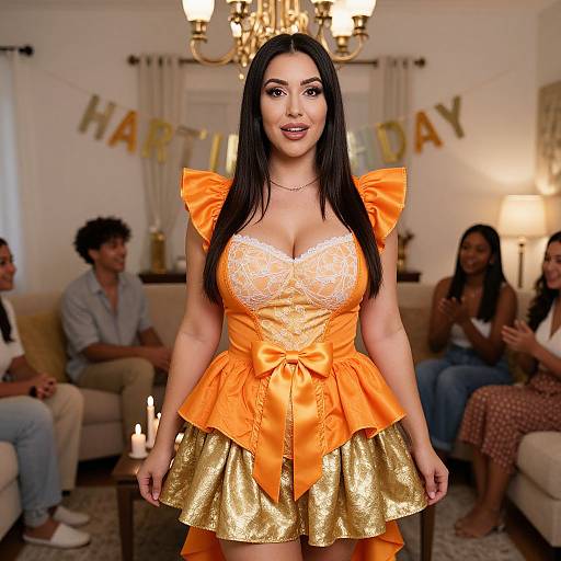 Photograph of a brunette woman with long hair, wearing an orange lace-up corset top and gold skirt, standing in a living room with 