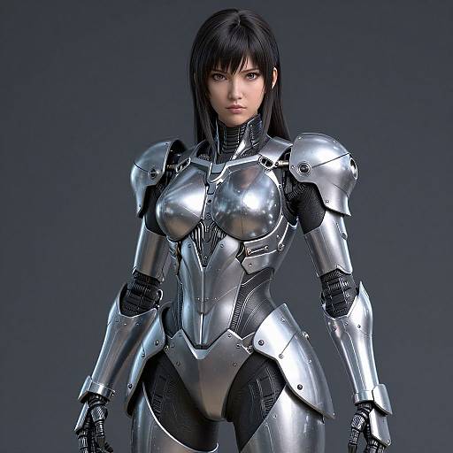 CGI image of a beautiful, young Asian woman in shiny, futuristic silver armor with black accents, standing against a dark blue background.