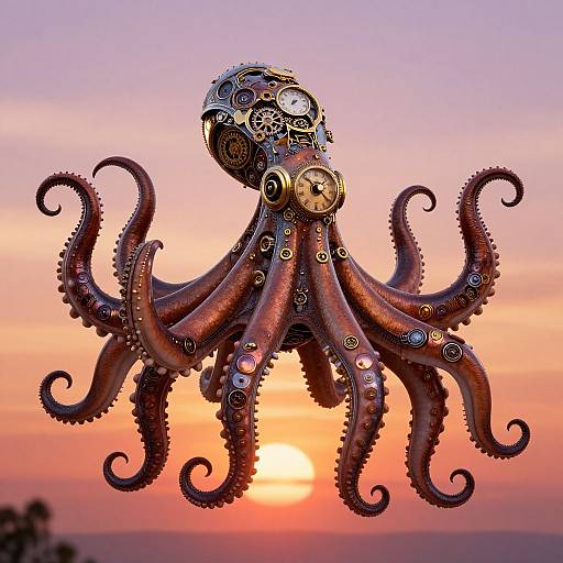Photograph of a steampunk-style, clockwork octopus with metallic gears and pipes, floating against a vibrant orange and pink sunset sky.