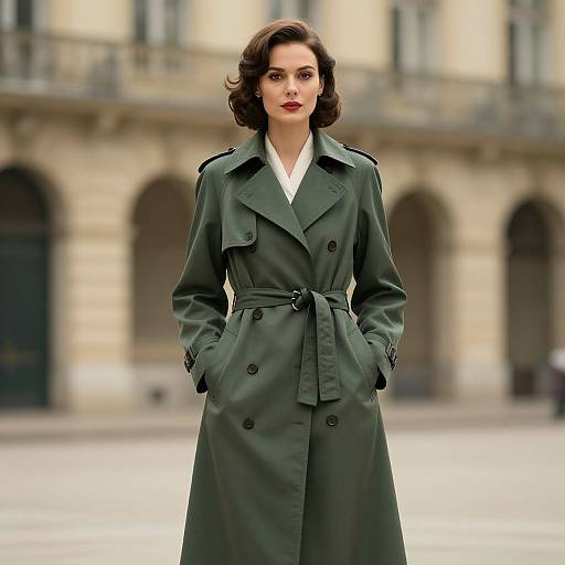 Photograph of a confident woman with fair skin and dark wavy hair, wearing a dark green trench coat, standing in front of a blurred, historic