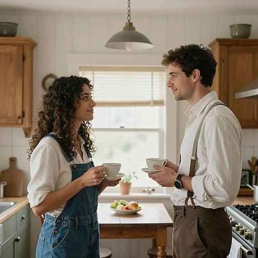 Couple enjoying tea in rustic kitchen