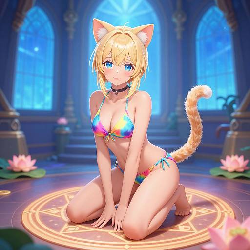 Digital anime-style drawing of a blonde catgirl with blue eyes, wearing a colorful bikini, kneeling on a glowing magical circle in a blue-lit,