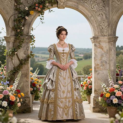 Photograph of a fair-skinned woman in an ornate, gold-embroidered, 18th-century-style gown, standing under a floral