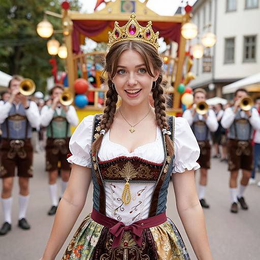 Photograph of a smiling young woman in traditional Bavarian dress with braided hair, gold crown, and ornate dirndl, leading a brass band
