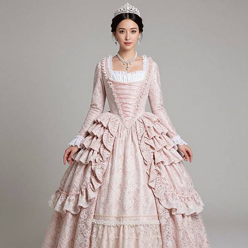 Photograph of an East Asian woman wearing a pink, ruffled, Victorian-style gown with lace, a silver tiara, and necklace, standing against