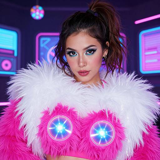 Digital photograph of a young woman with dark hair in a ponytail, wearing a neon pink, white-feathered costume with glowing blue circular accents,