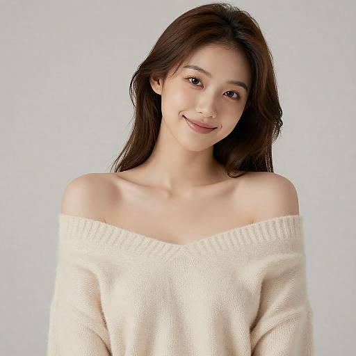 Smiling Woman in Off-Shoulder Sweater