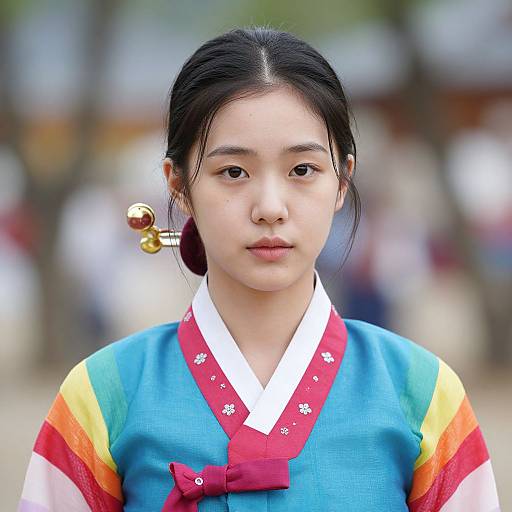 Photograph of a young Asian woman with fair skin, black hair in a bun, wearing a colorful traditional Korean hanbok with red and blue fabric