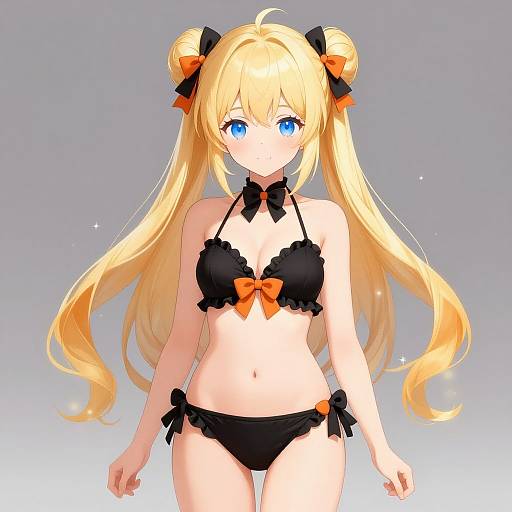 Anime Girl in Black and Orange Bikini