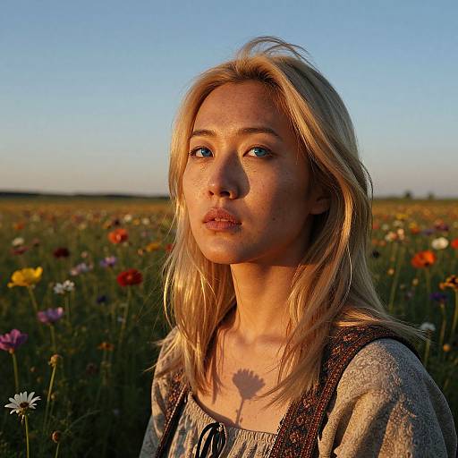 Photograph of a blonde woman with fair skin, freckles, and blue eyes, standing in a sunlit meadow of colorful wildflowers,