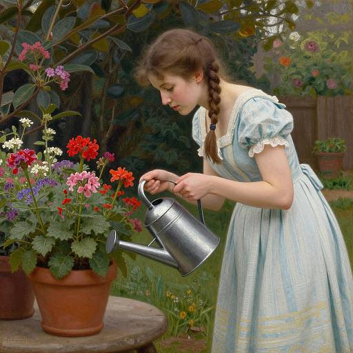 Young woman with braided brown hair in a blue striped dress waters vibrant potted flowers with a silver pitcher in a lush garden.