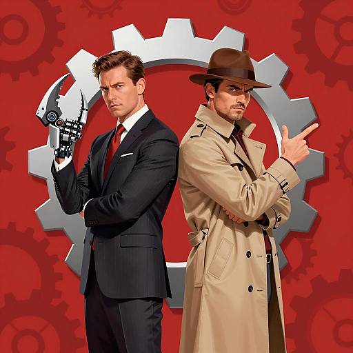 Intense Duo Against Gear Pattern Background