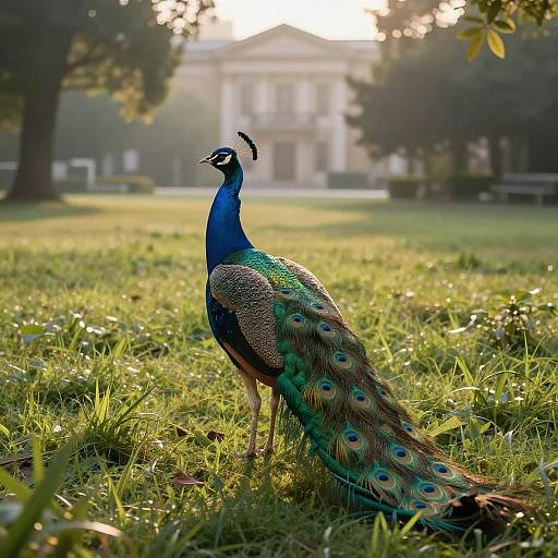 Peacock on lush grass in morning light