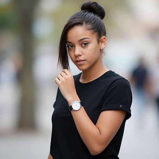 Photograph of a young woman with medium brown skin, black hair in a bun, wearing a black t-shirt and white watch, standing in a blurred