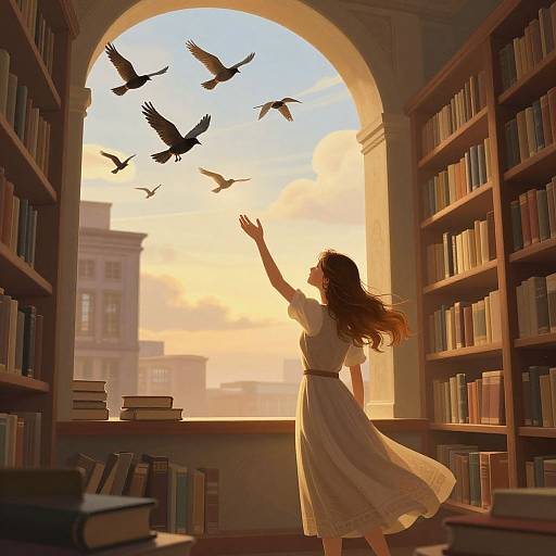 Digital painting of a woman in a flowing dress, reaching out to birds flying through a sunlit library archway.