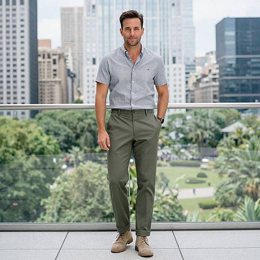 Photograph of a handsome, bearded man in a light blue shirt, olive pants, and tan shoes, standing on a glass balcony overlooking a city