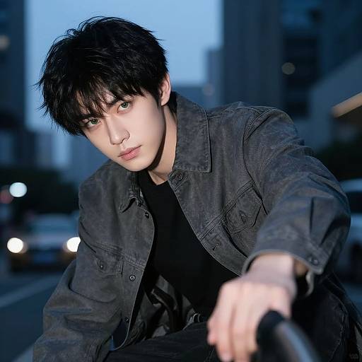 Photograph of an Asian man with black hair, wearing a dark denim jacket and black shirt, leaning forward on a bike at dusk in a city street