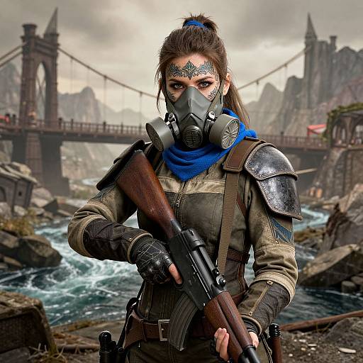 Digital art of a fierce woman in tactical gear, gas mask, blue scarf, holding a rifle, set against a stormy river and bridge backdrop.