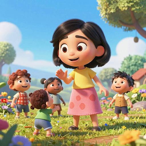 Animated Mother Playing with Children in Park