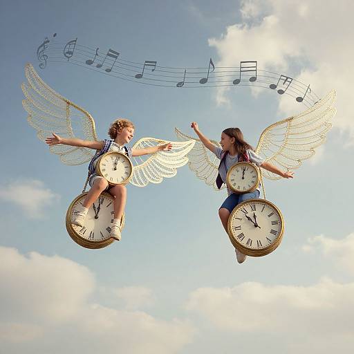 Photograph of two angelic women with white wings and clock faces, floating against a blue sky with musical notes, arms outstretched.