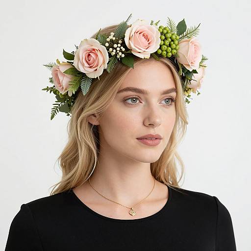 Photograph of a blonde woman with fair skin wearing a pink rose and greenery flower crown, black top, gold necklace, against a white background.