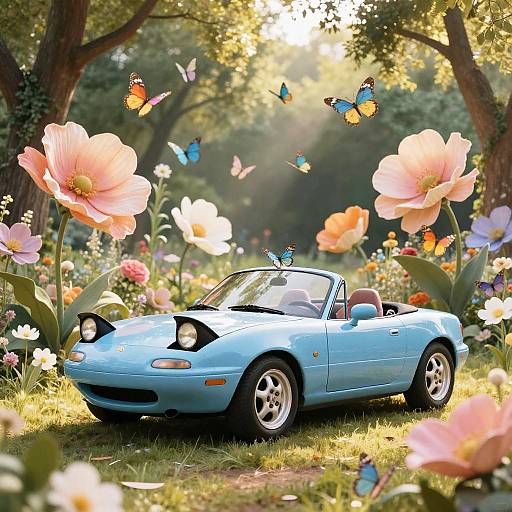 Photograph of a light blue convertible car with a butterfly on the hood, surrounded by large pink flowers and colorful butterflies in a sunlit, lush forest