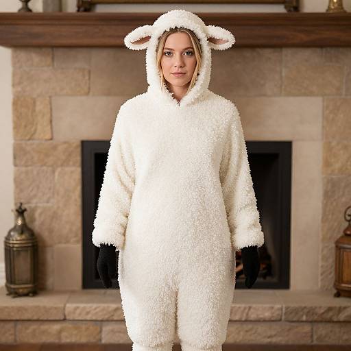 Adult in Sheep Costume by Fireplace