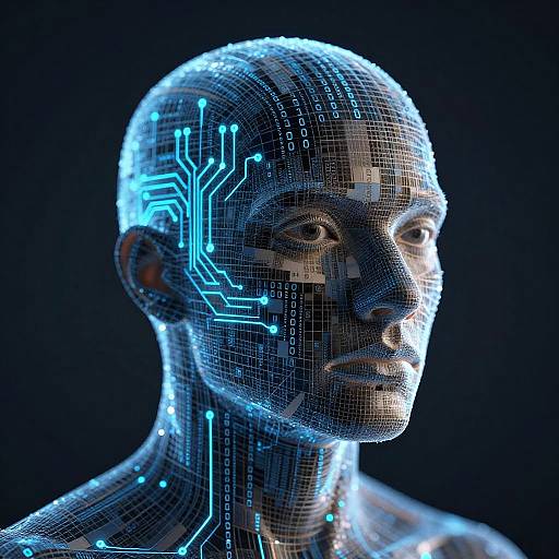 CGI digital artwork of a blue-lit, wireframe human head with neon circuitry patterns, against a dark background, showcasing a futuristic, cyber