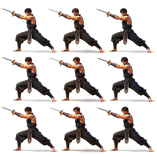 Digital illustration of a male martial artist in black gi, barefoot, wielding a sword, performing dynamic stances in a white background grid.