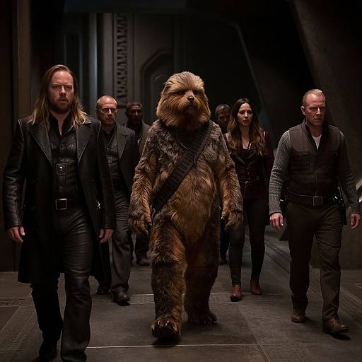 Photograph of Chewbacca in a detailed Wookiee costume, flanked by five serious, dressed-in-black individuals, in a dimly lit