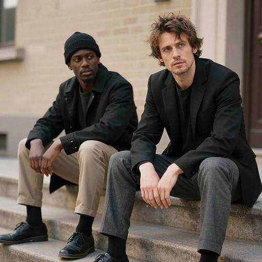 Two Men on Sunlit Stone Steps