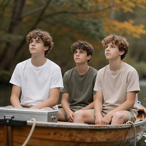 Boys in a Boat Among Autumn Foliage