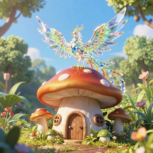 Colorful fairy with iridescent wings perches on a whimsical red-and-white mushroom house in a sunny, vibrant garden. CGI art.