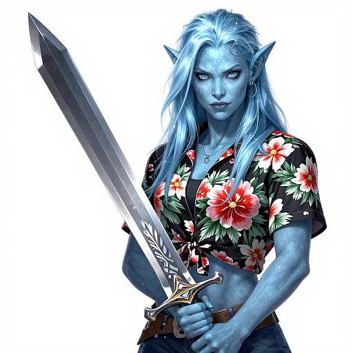 Digital artwork of a blue-skinned, elven warrior with long white hair, wearing a floral shirt, holding a large, ornate sword, against
