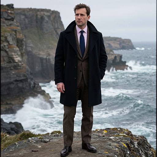Photograph of a serious-looking man in a black overcoat, brown suit, and tie, standing on a rocky cliff overlooking a stormy ocean.