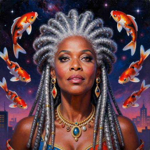 Regal Afro-Caribbean Woman with Silver Dreadlocks and Cosmic Koi