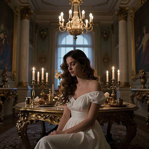 Photograph of a woman with long brown hair, wearing an off-shoulder white dress, seated in an ornate, dimly-lit room
