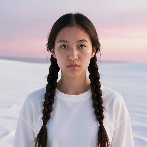 Photograph of a young Asian woman with long black braided hair, wearing a white shirt, standing against a serene sunset over the ocean.
