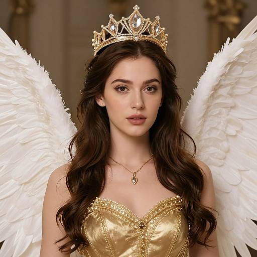 Photograph of a young woman with long brown hair, wearing a gold tiara, white angel wings, and a golden strapless dress, with a