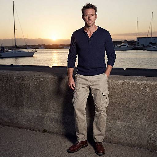 Photograph of a handsome, tall, Caucasian man with short, spiked brown hair, wearing a navy sweater, beige cargo pants, and brown shoes,