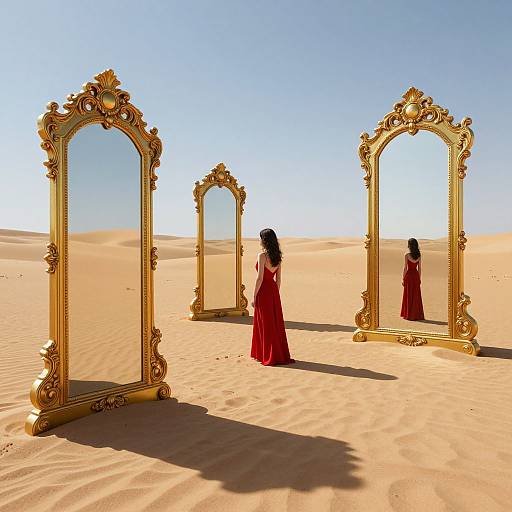 Photograph of a woman in a red dress standing in a desert, facing ornate gold-framed mirrors, reflecting her silhouette against a clear blue sky