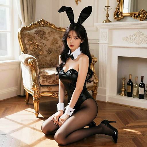 Photograph of an Asian woman with long black hair, wearing a black bunny costume, kneeling on wooden floor in elegant room.