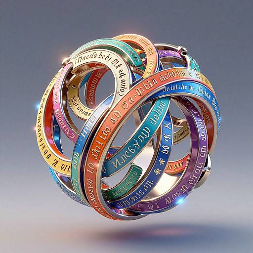 Digital artwork of interlocking, colorful metallic rings with inspirational quotes, glowing against a gradient blue to gray background.